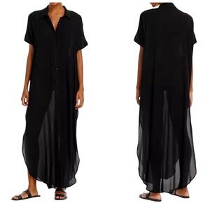 AQUA Swim Maxi Shirt Dress Cover-Up Women Sm Black Button Front Resort $88 NWT